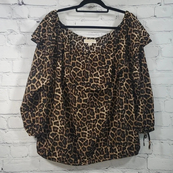 MICHAEL KORS Plus Size Leopard Off the Shoulder Peasant Blouse Size 1x - Picture 2 of 9